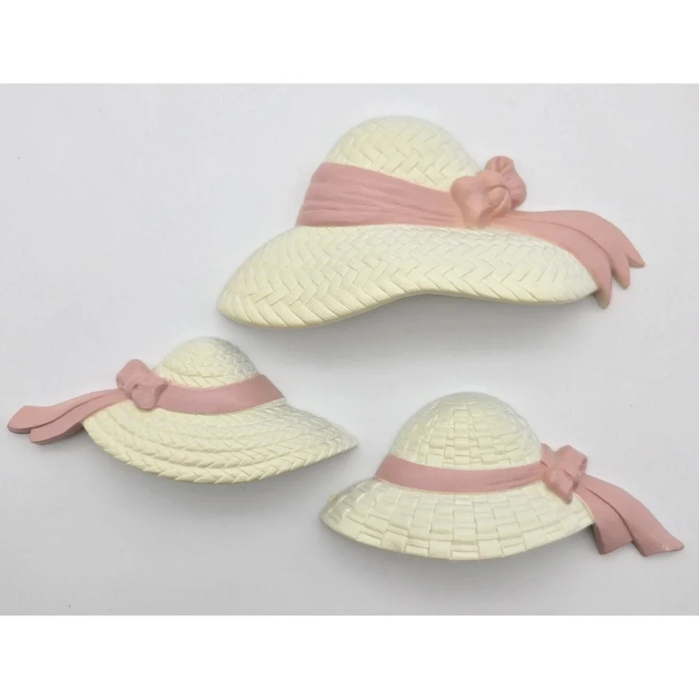 Burwood‎ 1998 USA Wall Plaques Set 3 Pink Ribbon Straw Hat Shabby Chic Decor